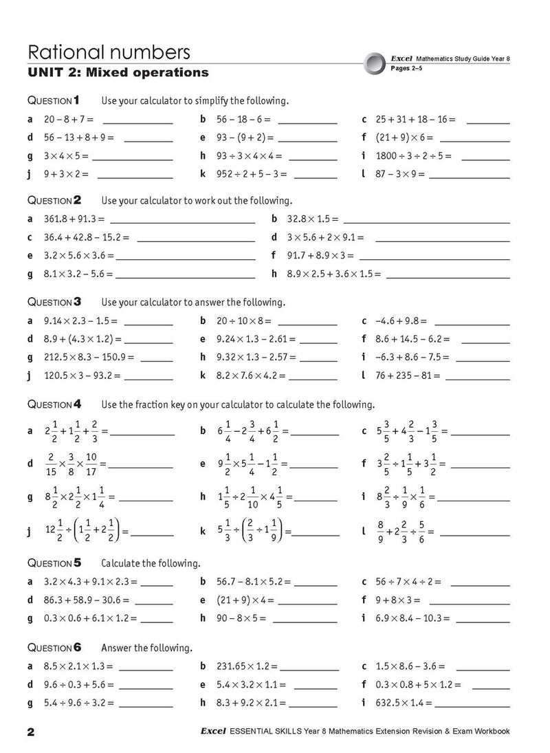 Sixth sample inside page from Excel Essential Skills Mathematics Extension Revision and Exam Workbook Year 8, showing printed maths content from the workbook
