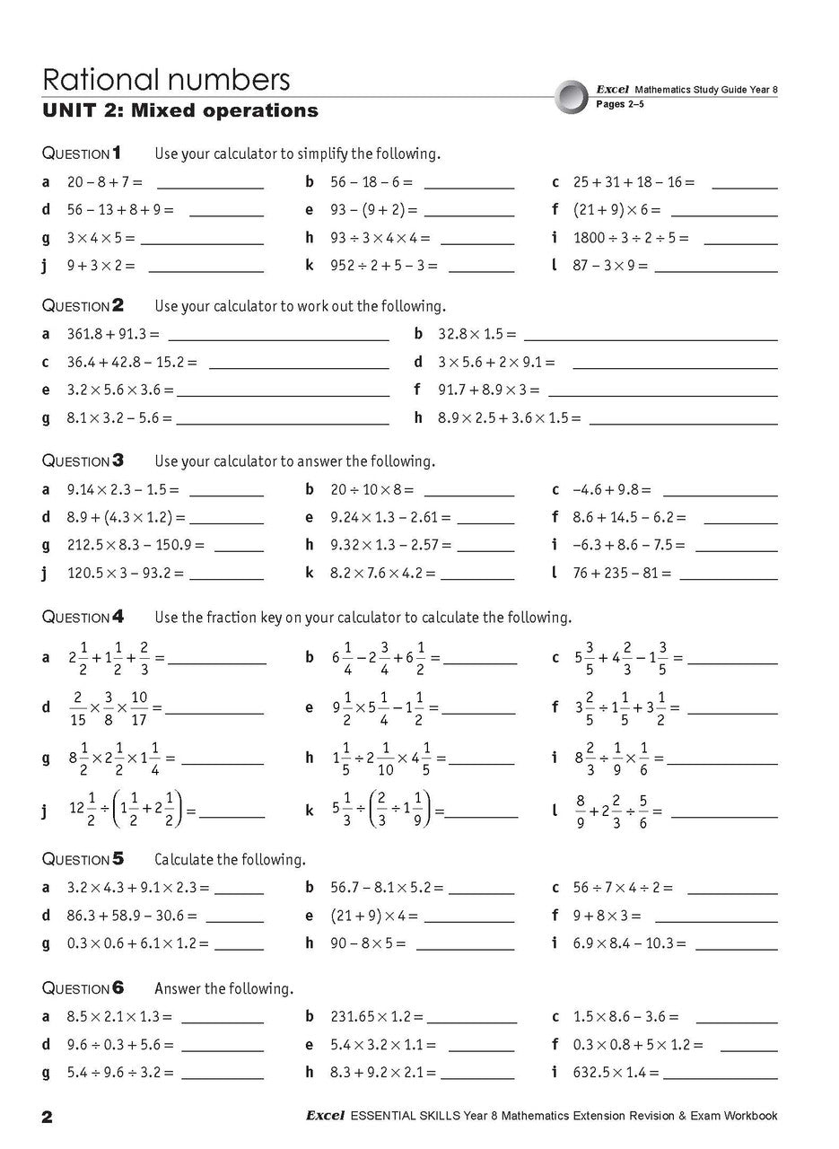 Sixth sample inside page from Excel Essential Skills Mathematics Extension Revision and Exam Workbook Year 8, showing printed maths content from the workbook
