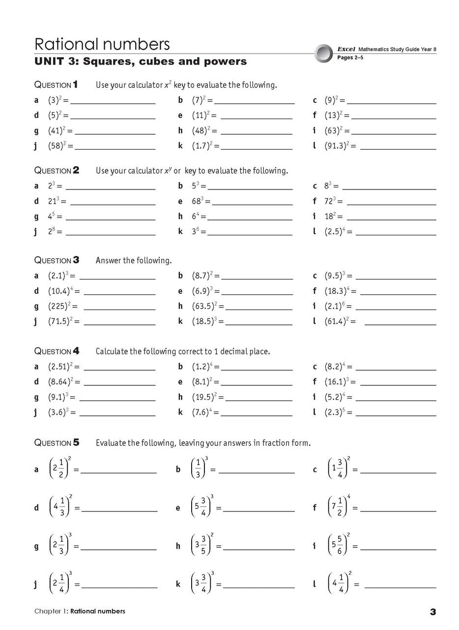 Seventh sample inside page from Excel Essential Skills Mathematics Extension Revision and Exam Workbook Year 8, showing printed maths content from the workbook