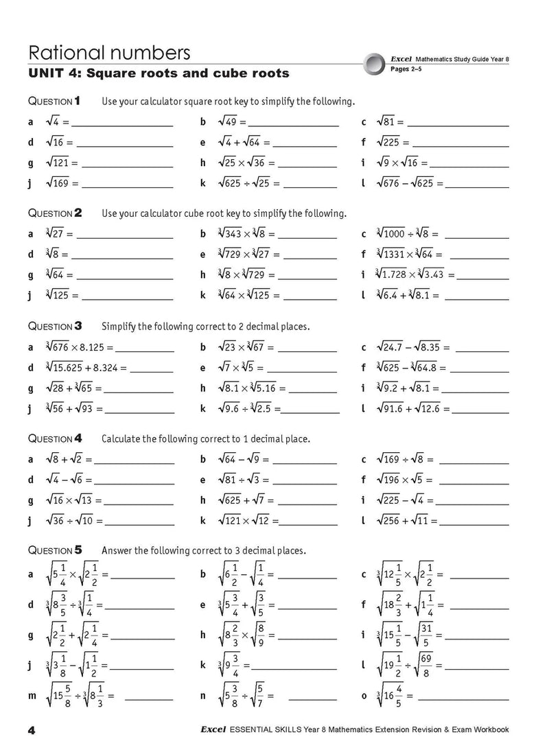 Eighth sample inside page from Excel Essential Skills Mathematics Extension Revision and Exam Workbook Year 8, showing printed maths content from the workbook