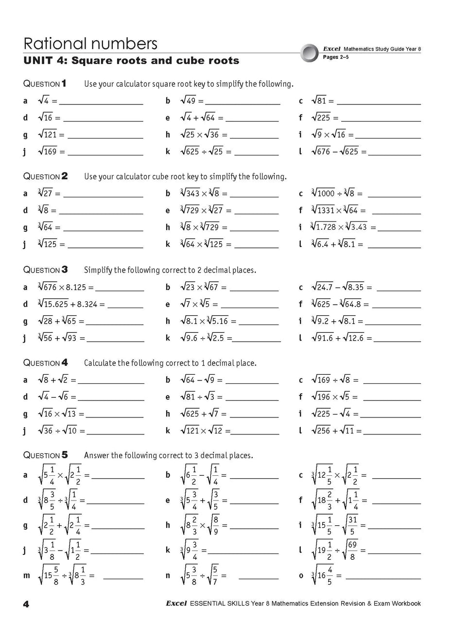Eighth sample inside page from Excel Essential Skills Mathematics Extension Revision and Exam Workbook Year 8, showing printed maths content from the workbook