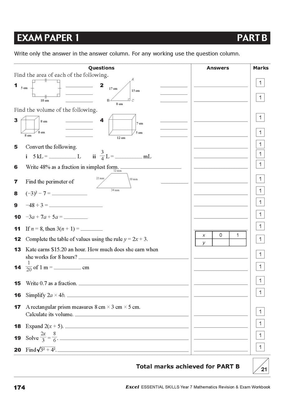 Sample interior page from the Excel Essential Skills Mathematics Revision and Exam Workbook Year 7 as shown in the publisher preview