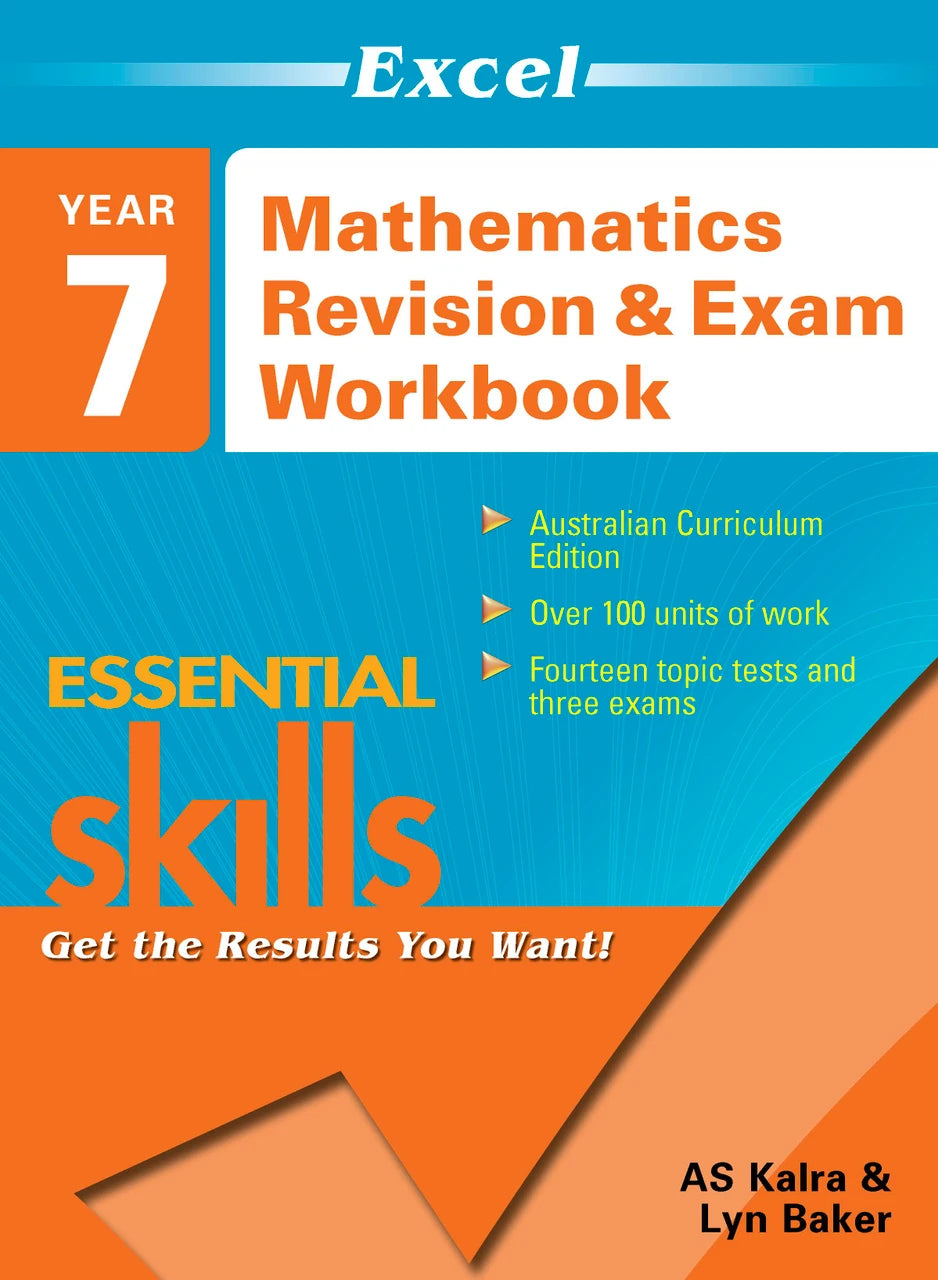 Main publisher image showing the front cover of the Excel Essential Skills Mathematics Revision and Exam Workbook Year 7