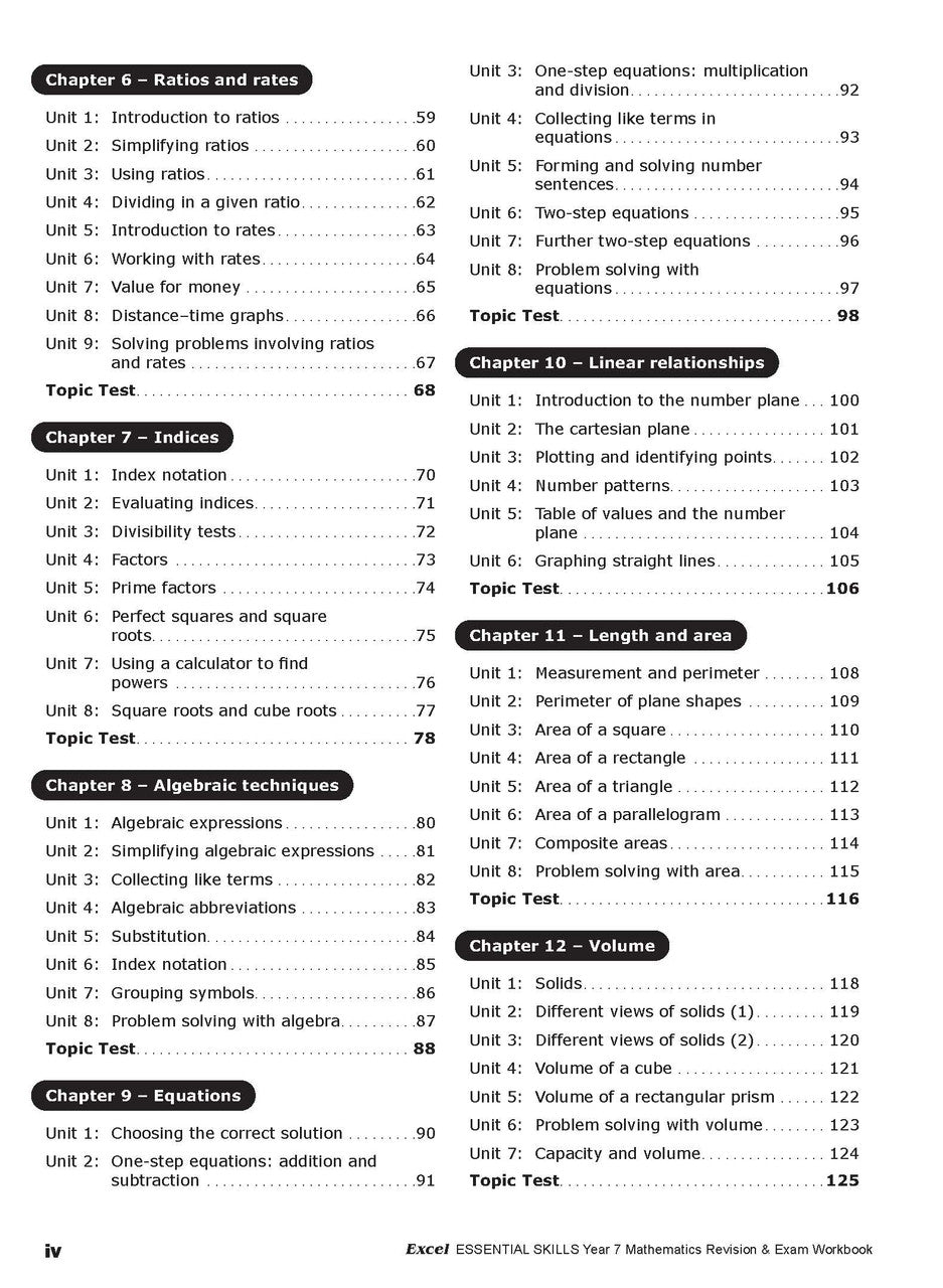 Sample interior page from the Excel Essential Skills Mathematics Revision and Exam Workbook Year 7 as shown in the publisher preview