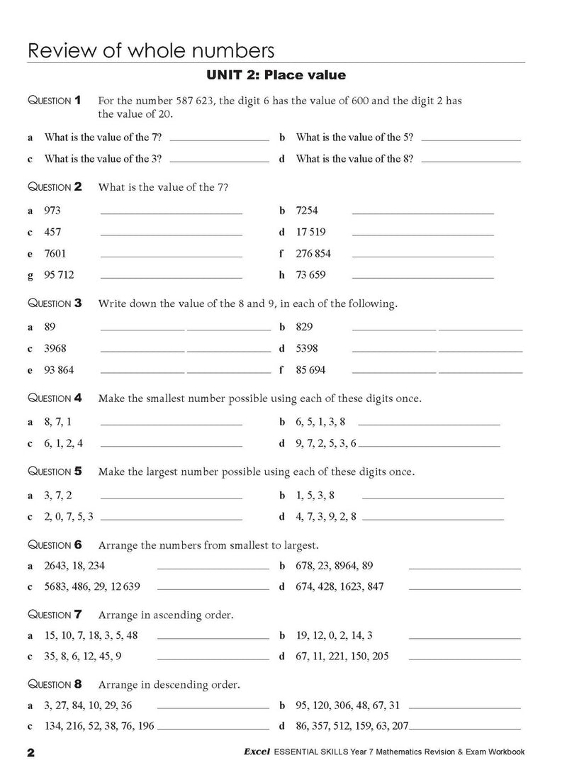 Sample interior page from the Excel Essential Skills Mathematics Revision and Exam Workbook Year 7 as shown in the publisher preview