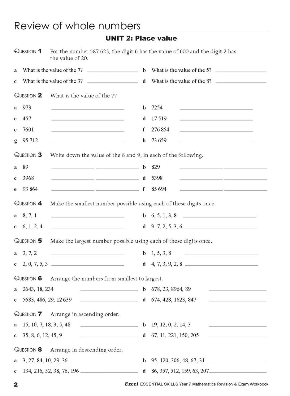 Sample interior page from the Excel Essential Skills Mathematics Revision and Exam Workbook Year 7 as shown in the publisher preview