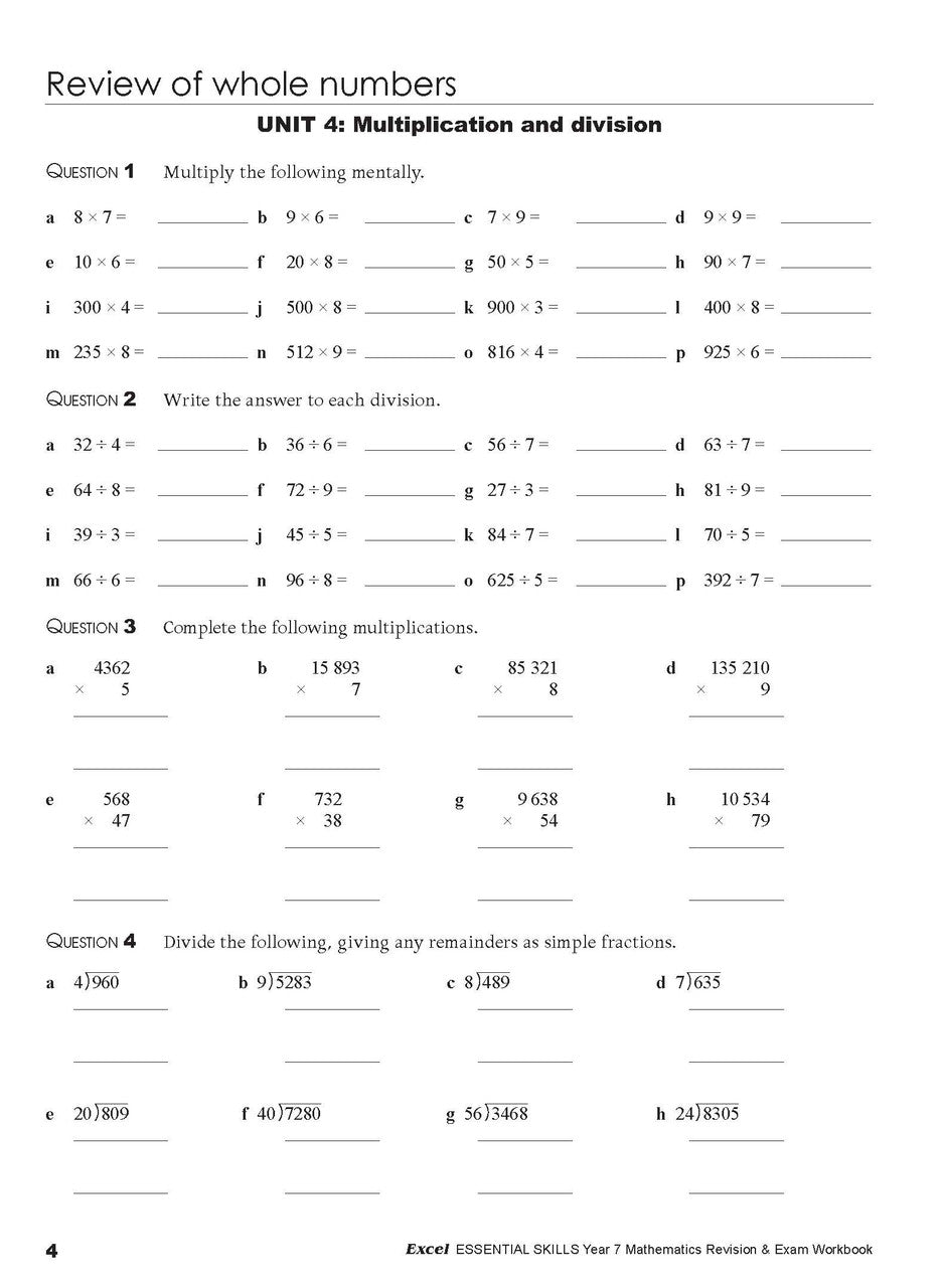 Sample interior page from the Excel Essential Skills Mathematics Revision and Exam Workbook Year 7 as shown in the publisher preview