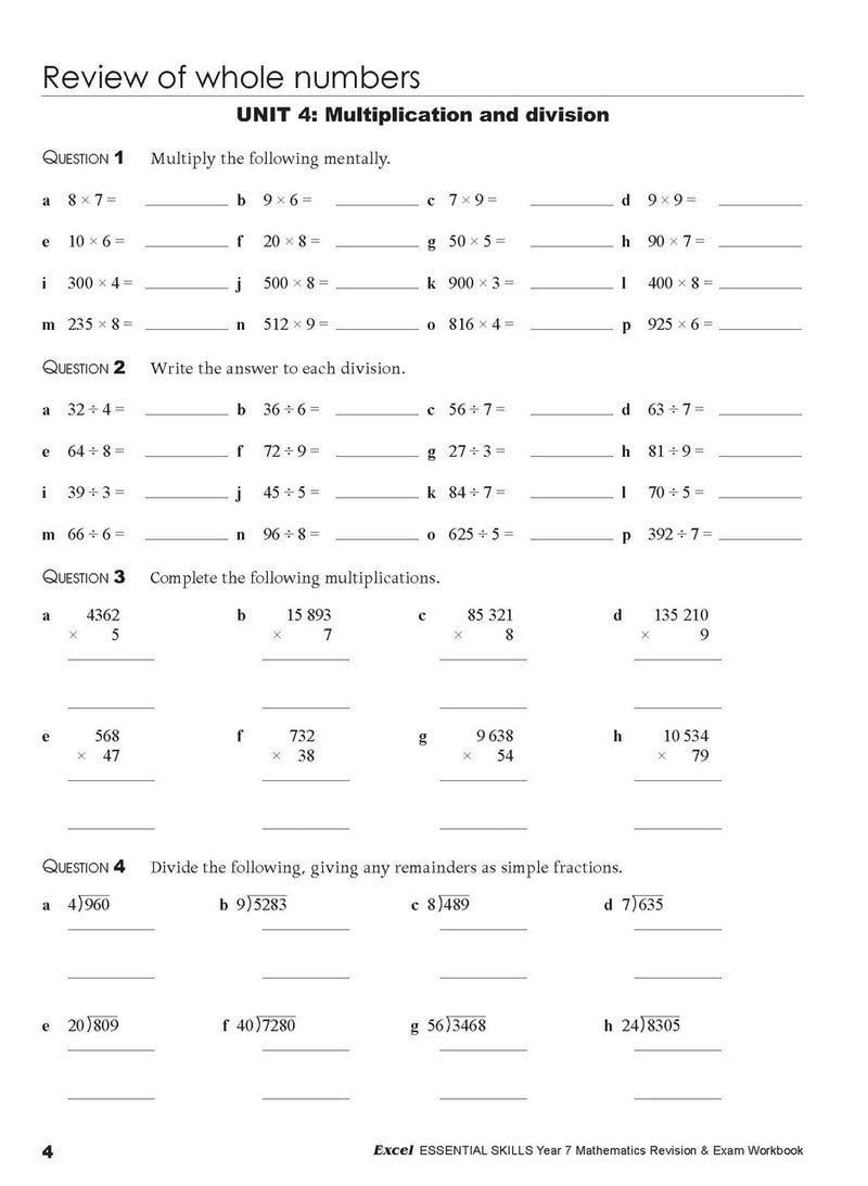 Sample interior page from the Excel Essential Skills Mathematics Revision and Exam Workbook Year 7 as shown in the publisher preview
