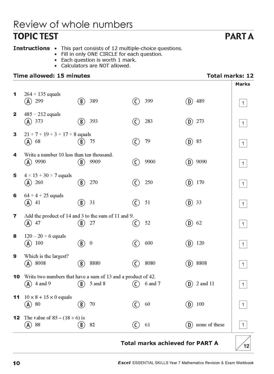 Sample interior page from the Excel Essential Skills Mathematics Revision and Exam Workbook Year 7 as shown in the publisher preview