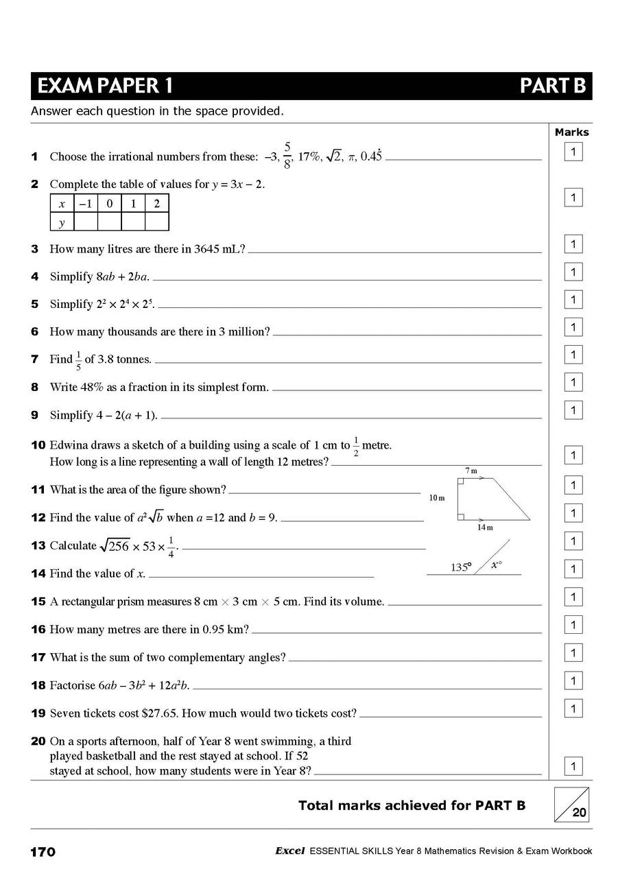 Eleventh sample inside page from Excel Essential Skills Mathematics Revision and Exam Workbook Year 8, showing printed maths content from the workbook