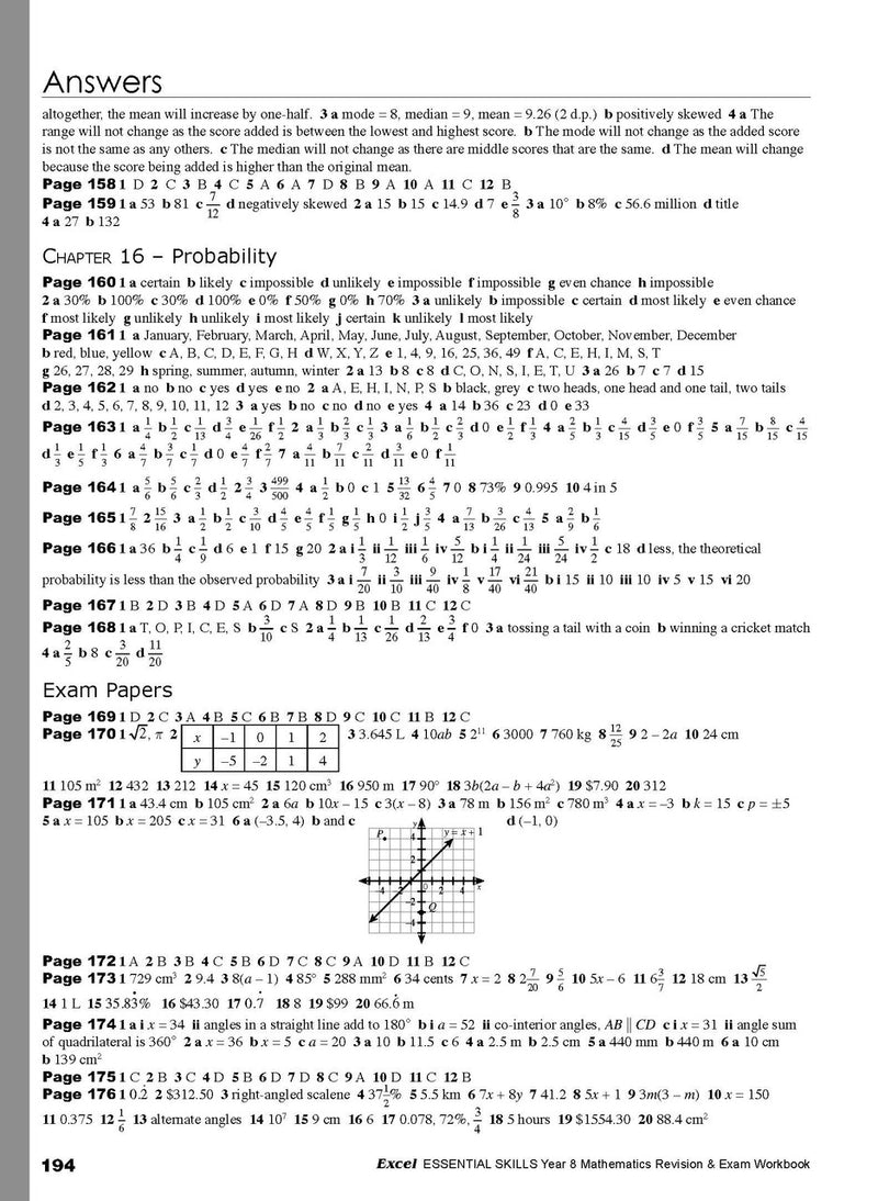 Thirteenth sample inside page from Excel Essential Skills Mathematics Revision and Exam Workbook Year 8, showing printed maths content from the workbook