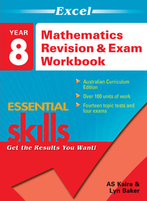 Front cover of Excel Essential Skills Mathematics Revision and Exam Workbook Year 8 from Pascal Press, showing the Excel Essential Skills series branding and title