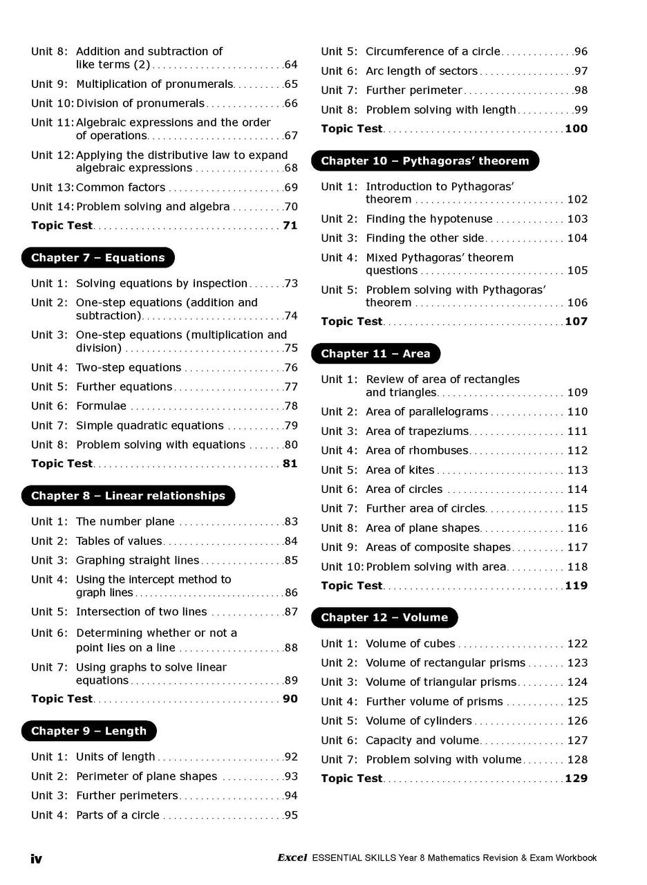 Second sample inside page from Excel Essential Skills Mathematics Revision and Exam Workbook Year 8, showing printed maths content from the workbook