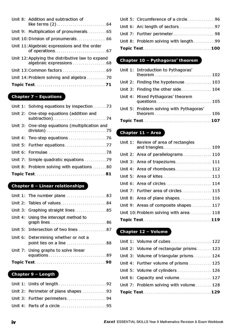Second sample inside page from Excel Essential Skills Mathematics Revision and Exam Workbook Year 8, showing printed maths content from the workbook