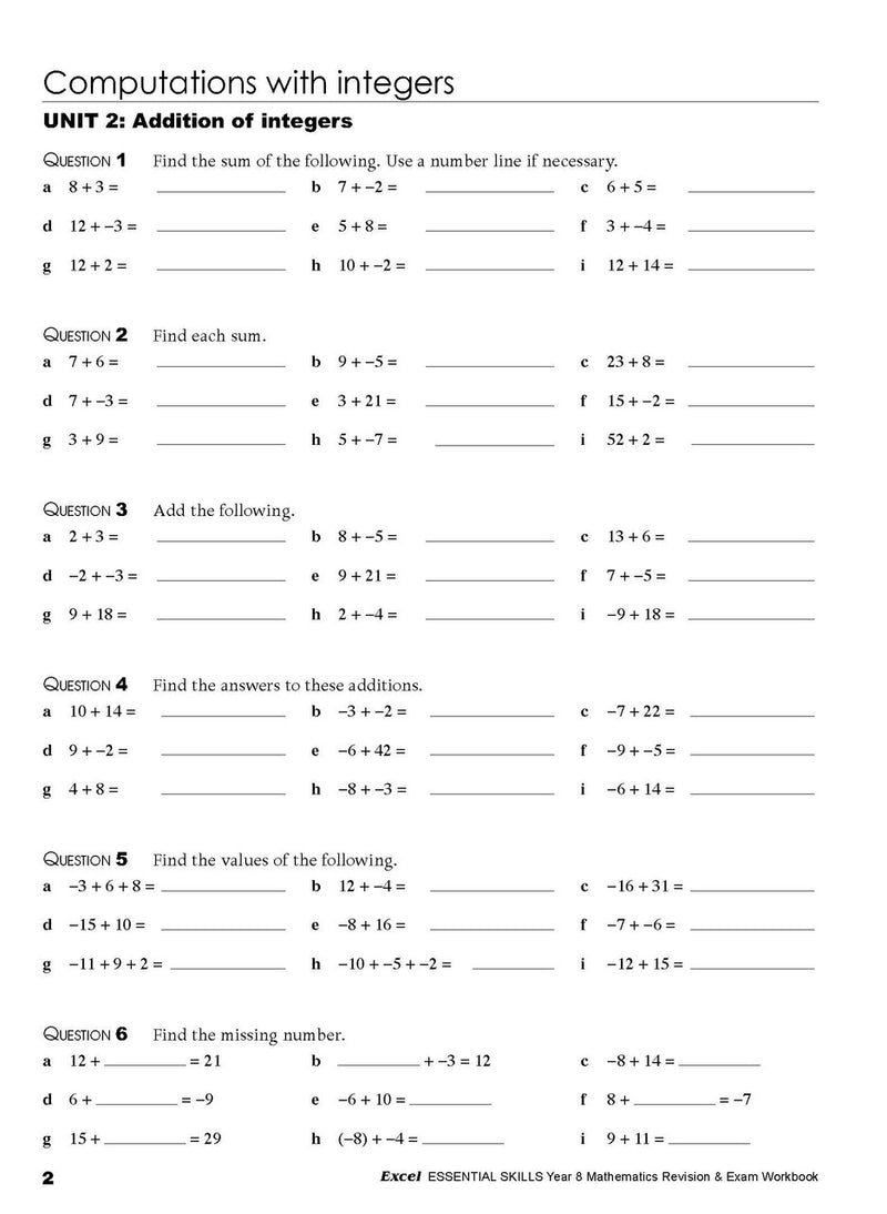 Fifth sample inside page from Excel Essential Skills Mathematics Revision and Exam Workbook Year 8, showing printed maths content from the workbook