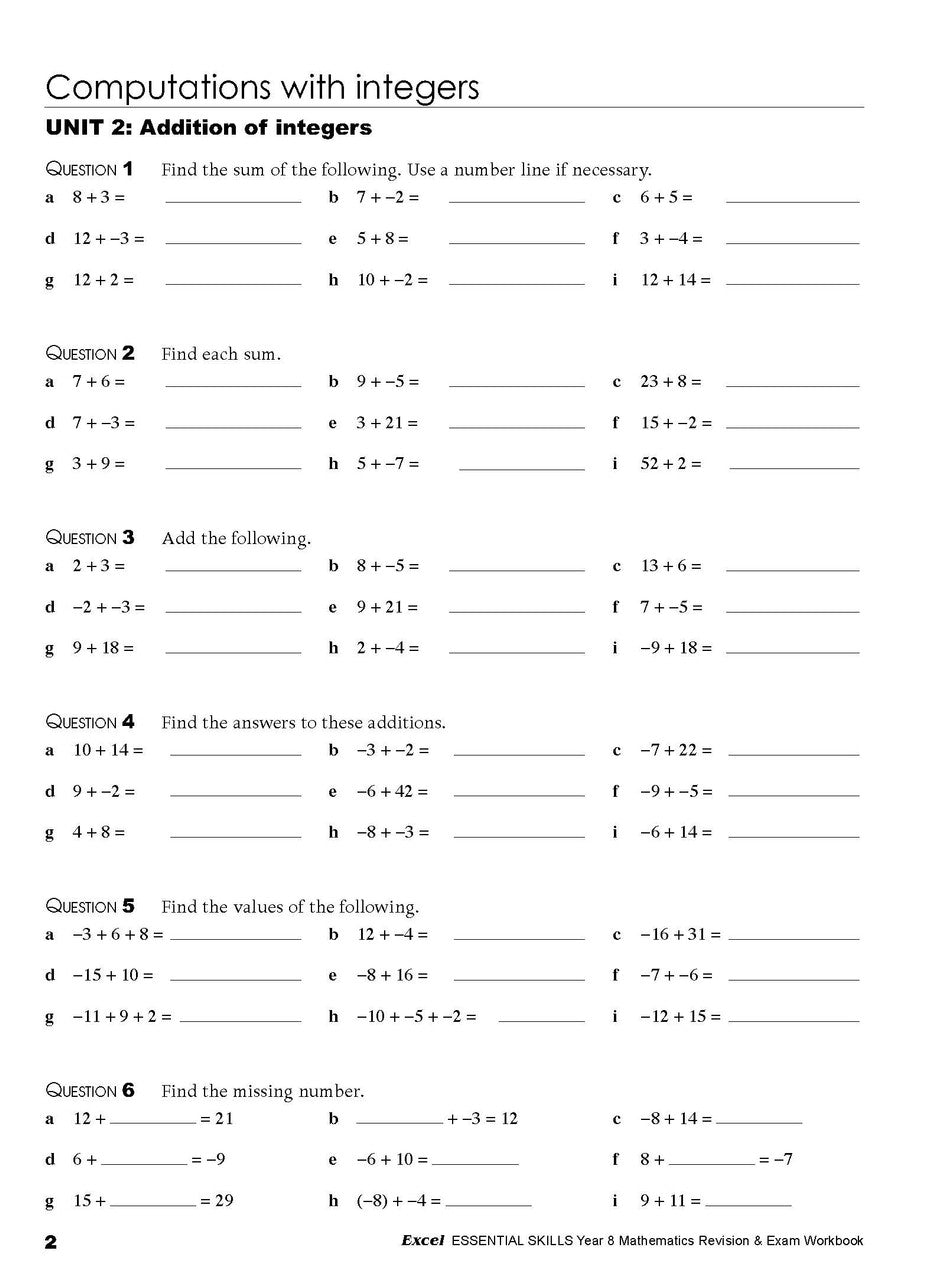 Fifth sample inside page from Excel Essential Skills Mathematics Revision and Exam Workbook Year 8, showing printed maths content from the workbook