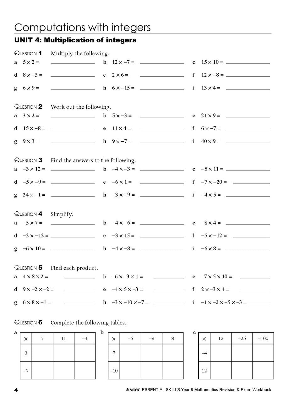 Seventh sample inside page from Excel Essential Skills Mathematics Revision and Exam Workbook Year 8, showing printed maths content from the workbook