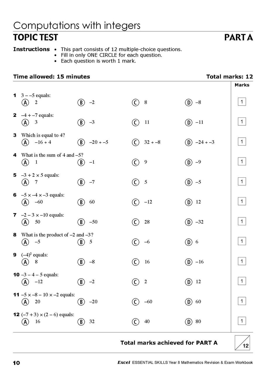 Eighth sample inside page from Excel Essential Skills Mathematics Revision and Exam Workbook Year 8, showing printed maths content from the workbook