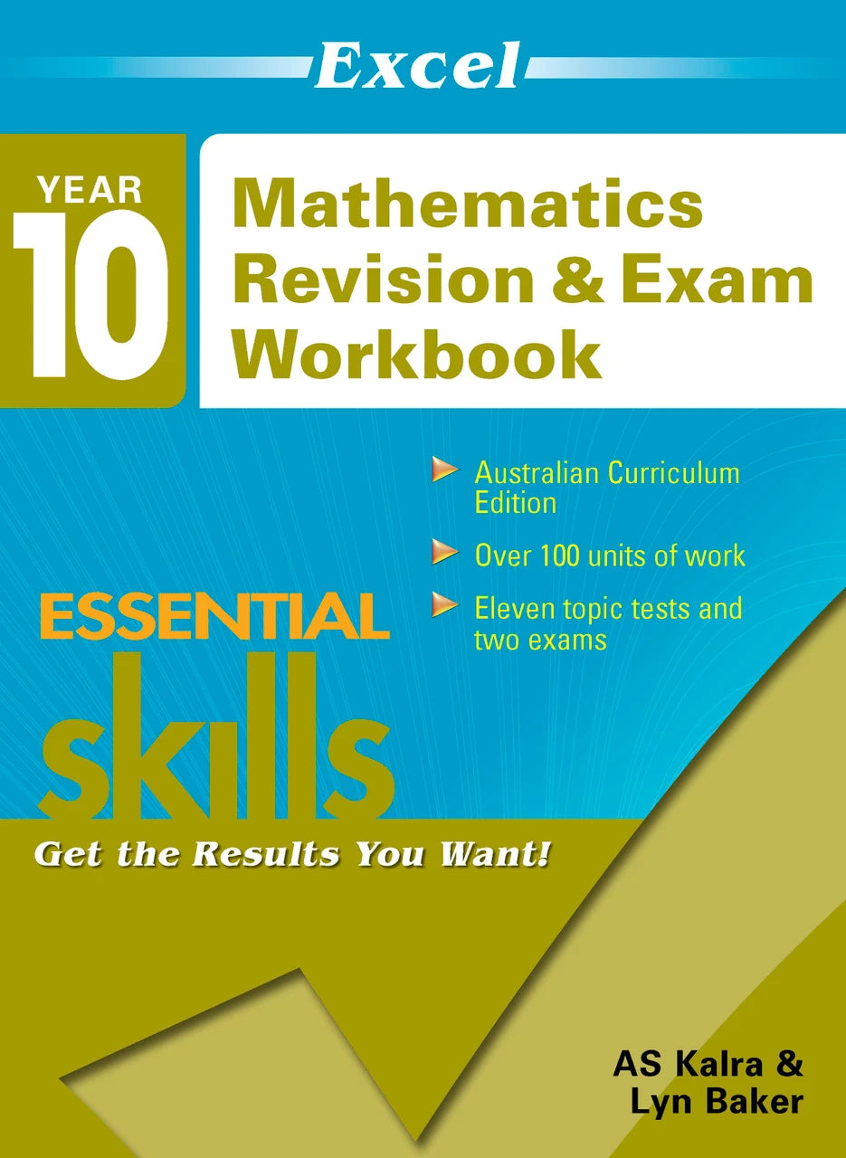 Front cover of Excel Essential Skills Mathematics Revision and Exam Workbook Year 10 from Pascal Press, showing the Excel Essential Skills series branding and title