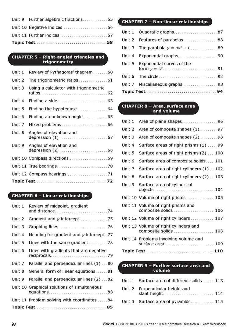 Second sample inside page from Excel Essential Skills Mathematics Revision and Exam Workbook Year 10, showing printed maths content from the workbook