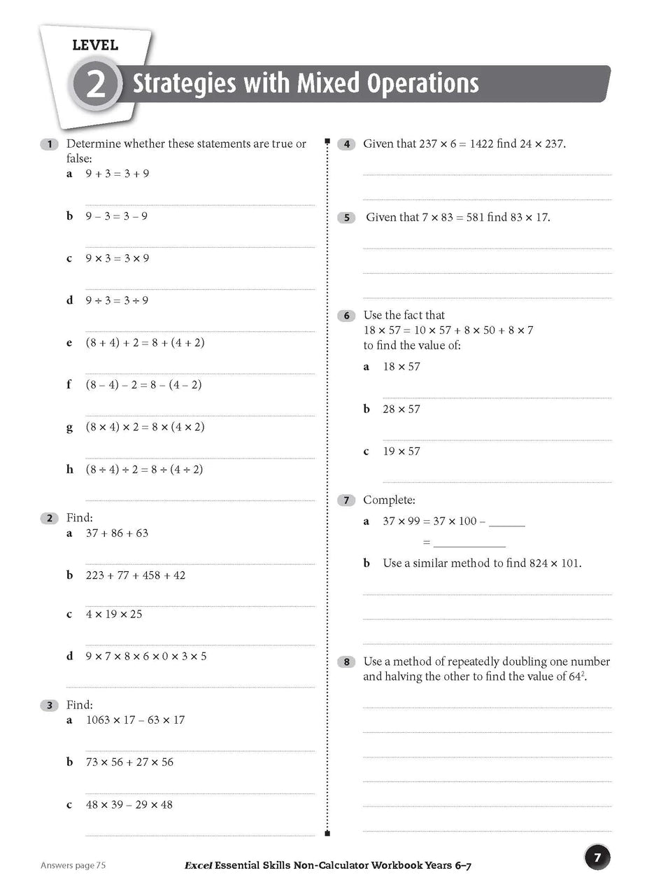 Ninth sample inside page from Excel Essential Skills Non-Calculator Workbook Years 6-7, showing printed maths content from the workbook