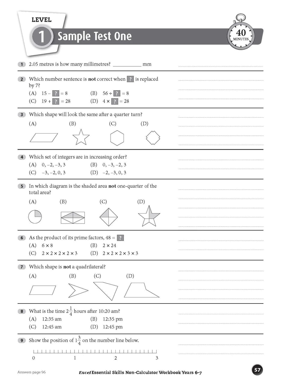 Eleventh sample inside page from Excel Essential Skills Non-Calculator Workbook Years 6-7, showing printed maths content from the workbook