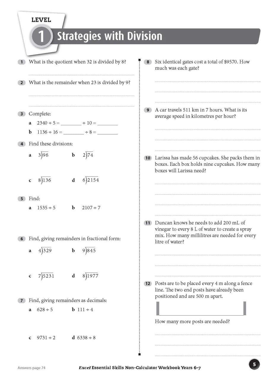 Seventh sample inside page from Excel Essential Skills Non-Calculator Workbook Years 6-7, showing printed maths content from the workbook