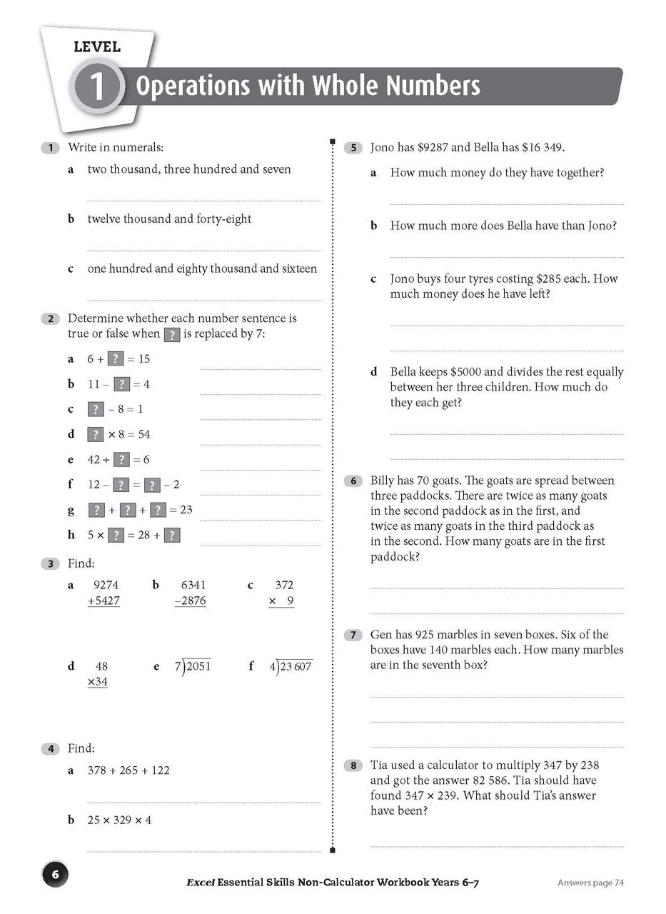 Eighth sample inside page from Excel Essential Skills Non-Calculator Workbook Years 6-7, showing printed maths content from the workbook