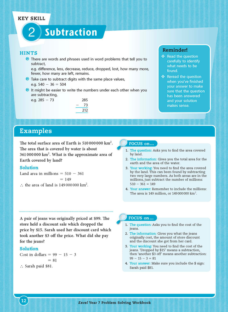 Tenth sample inside page from Excel Essential Skills Problem Solving Workbook Year 7, showing printed maths content from the workbook