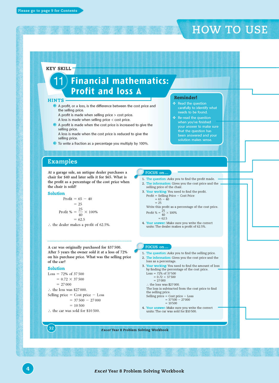 Sample interior page from the Excel Essential Skills Problem Solving Workbook Year 8 as shown in the Pascal Press gallery