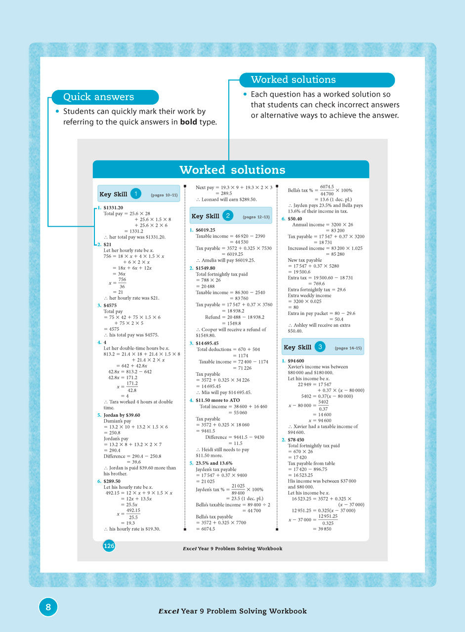 Sample interior page from the Excel Essential Skills Problem Solving Workbook Year 9 as shown in the Pascal Press gallery