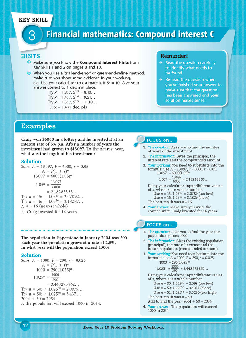 Sample interior page from the Excel Essential Skills Problem Solving Workbook Year 10 as shown in the Pascal Press gallery
