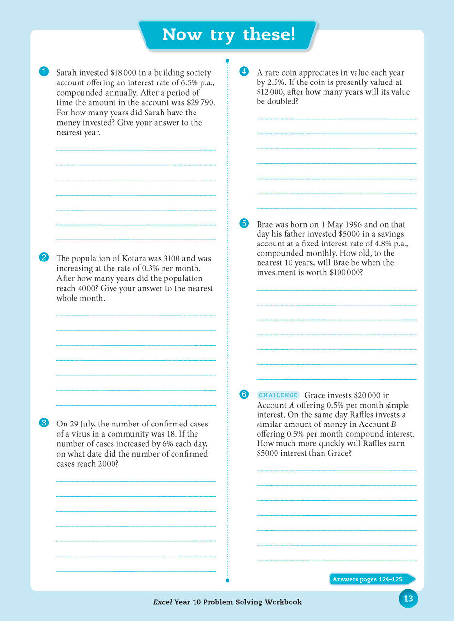 Sample interior page from the Excel Essential Skills Problem Solving Workbook Year 10 as shown in the Pascal Press gallery