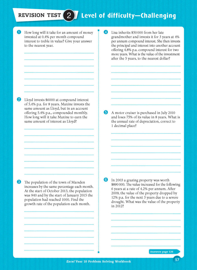 Sample interior page from the Excel Essential Skills Problem Solving Workbook Year 10 as shown in the Pascal Press gallery