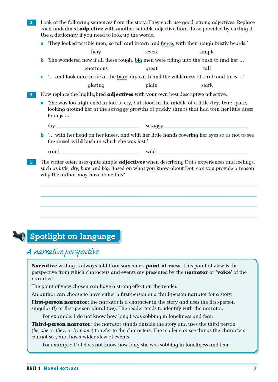 Sample interior page from the Excel Essential Skills Reading and Vocabulary Workbook Years 7-8 as shown in the publisher preview