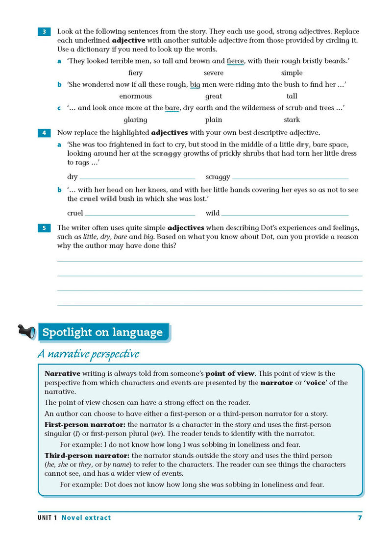 Sample interior page from the Excel Essential Skills Reading and Vocabulary Workbook Years 7-8 as shown in the publisher preview