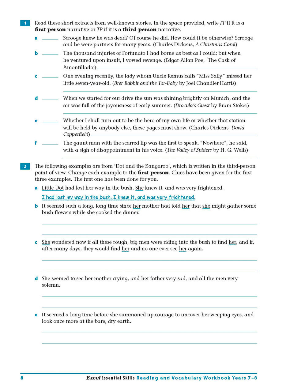 Sample interior page from the Excel Essential Skills Reading and Vocabulary Workbook Years 7-8 as shown in the publisher preview
