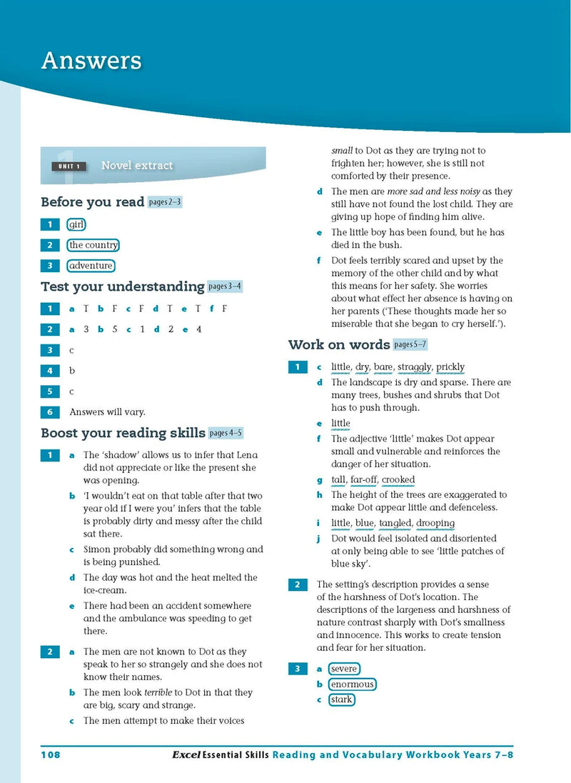 Sample interior page from the Excel Essential Skills Reading and Vocabulary Workbook Years 7-8 as shown in the publisher preview