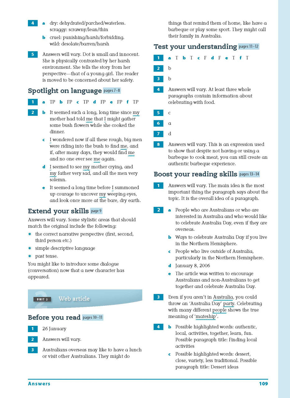 Sample interior page from the Excel Essential Skills Reading and Vocabulary Workbook Years 7-8 as shown in the publisher preview