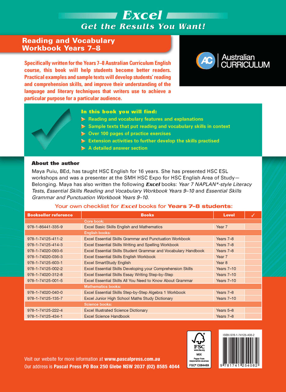 Back cover of the Excel Essential Skills Reading and Vocabulary Workbook Years 7-8 with the publisher's summary