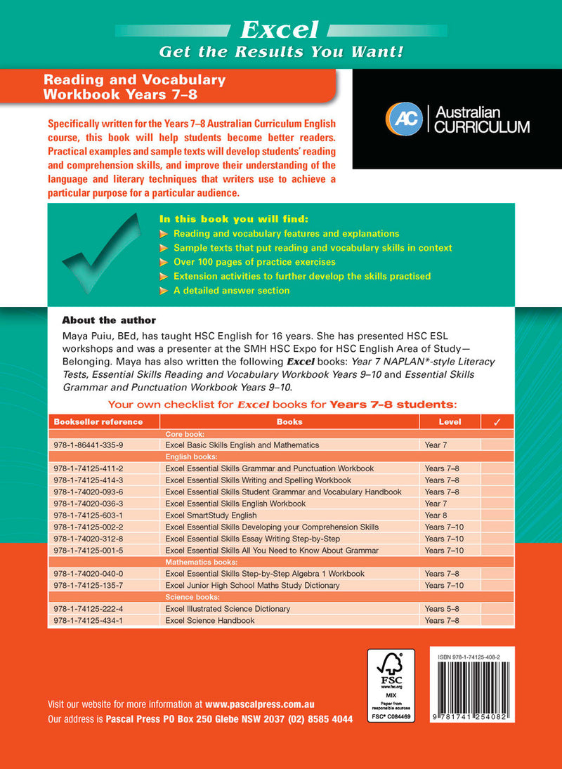 Back cover of the Excel Essential Skills Reading and Vocabulary Workbook Years 7-8 with the publisher's summary
