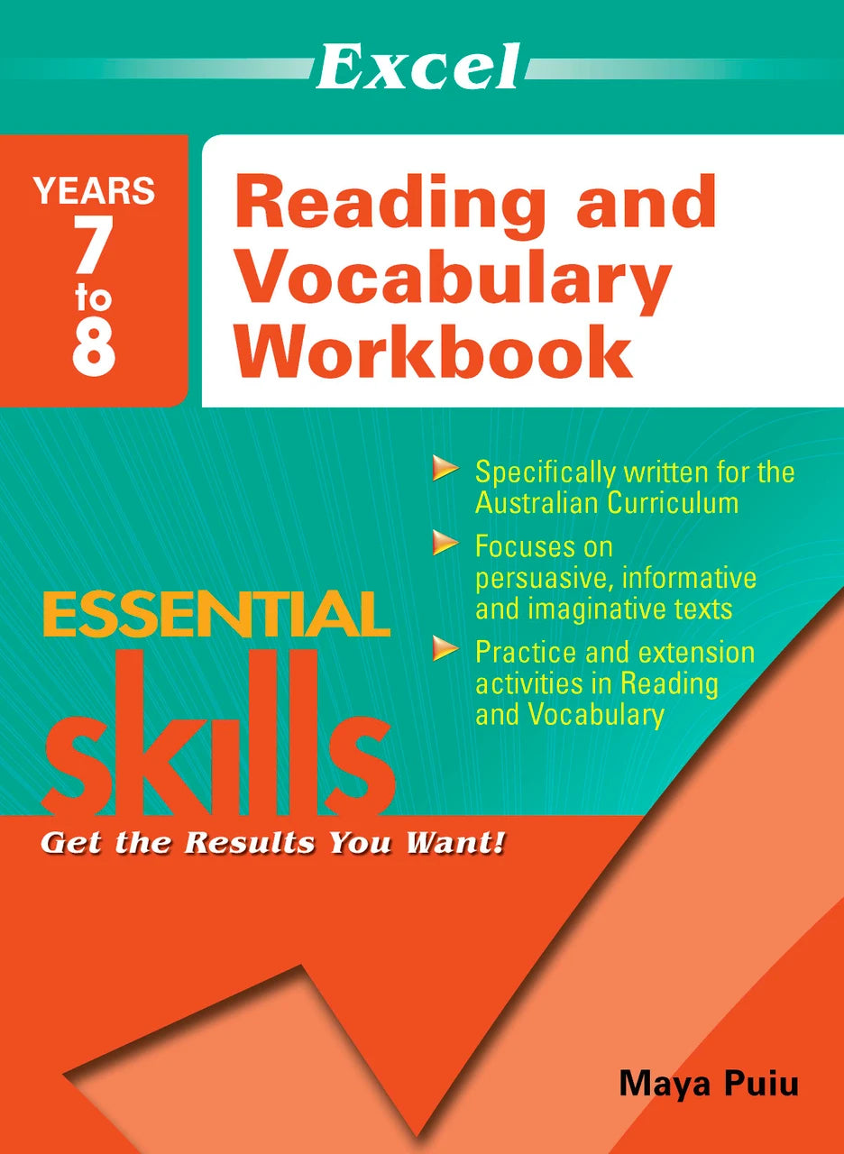 Front cover of the Excel Essential Skills Reading and Vocabulary Workbook Years 7-8 from Pascal Press