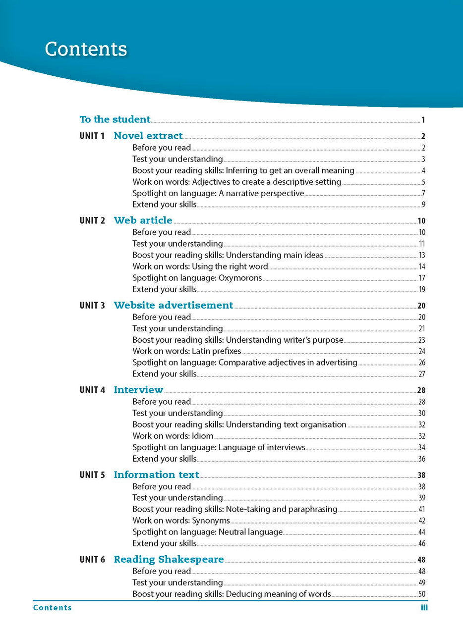 Contents page from the Excel Essential Skills Reading and Vocabulary Workbook Years 7-8 listing the units inside