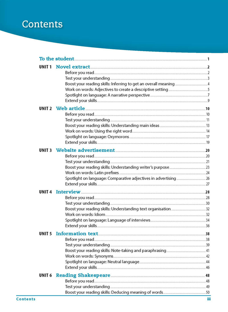 Contents page from the Excel Essential Skills Reading and Vocabulary Workbook Years 7-8 listing the units inside