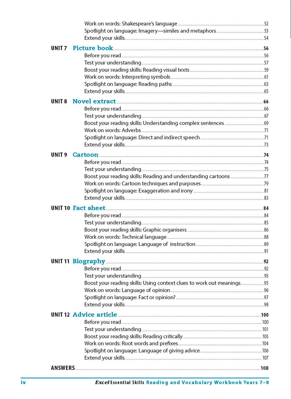 Contents page from the Excel Essential Skills Reading and Vocabulary Workbook Years 7-8 listing the units inside