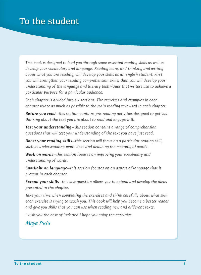 Sample interior page from the Excel Essential Skills Reading and Vocabulary Workbook Years 7-8 as shown in the publisher preview