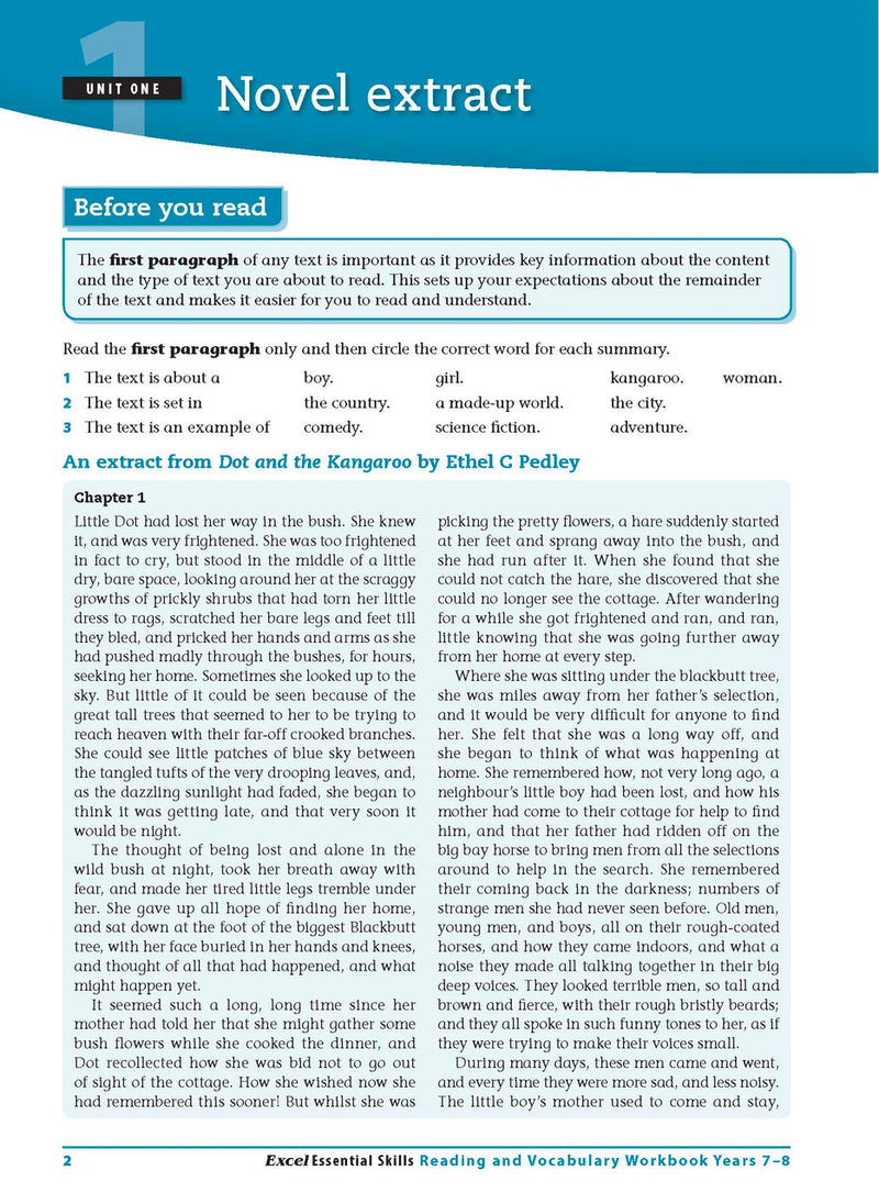 Sample interior page from the Excel Essential Skills Reading and Vocabulary Workbook Years 7-8 as shown in the publisher preview