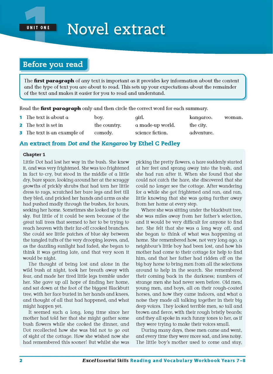 Sample interior page from the Excel Essential Skills Reading and Vocabulary Workbook Years 7-8 as shown in the publisher preview
