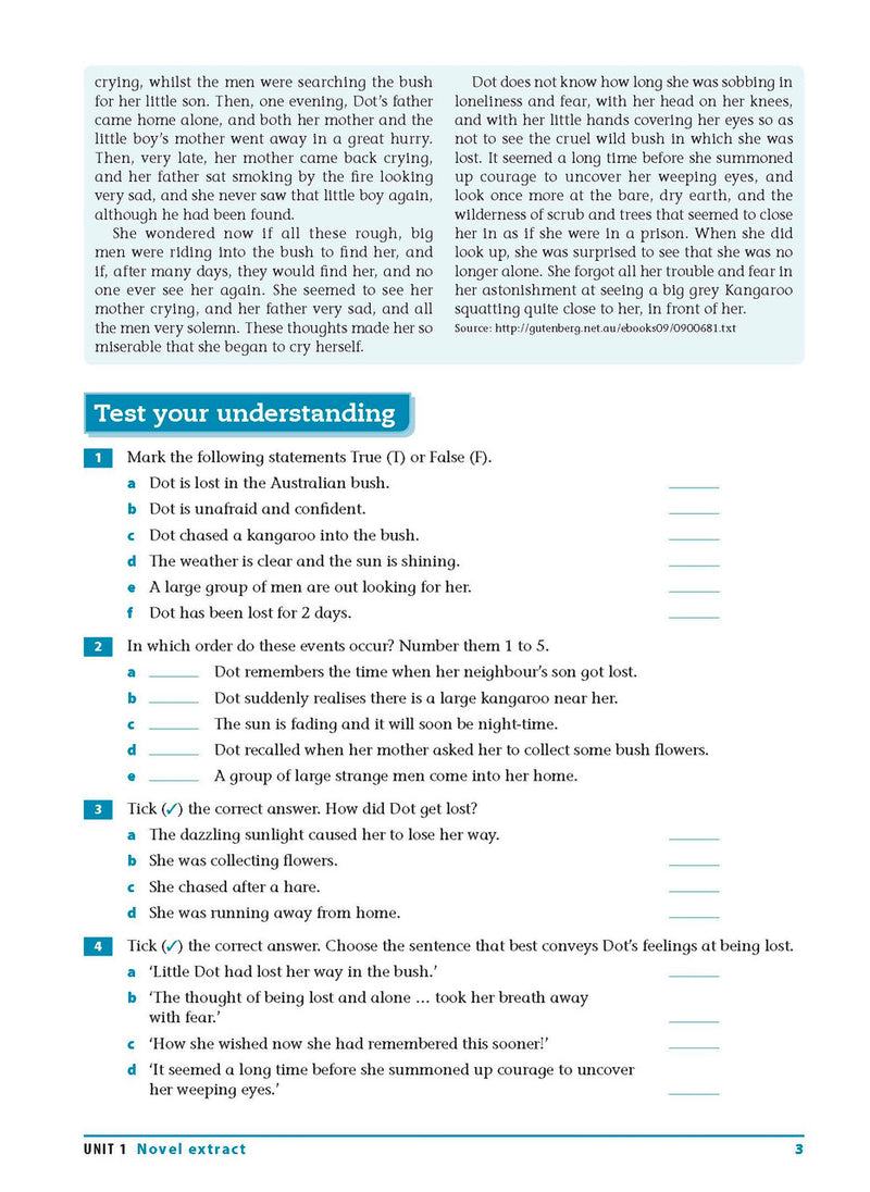 Sample interior page from the Excel Essential Skills Reading and Vocabulary Workbook Years 7-8 as shown in the publisher preview
