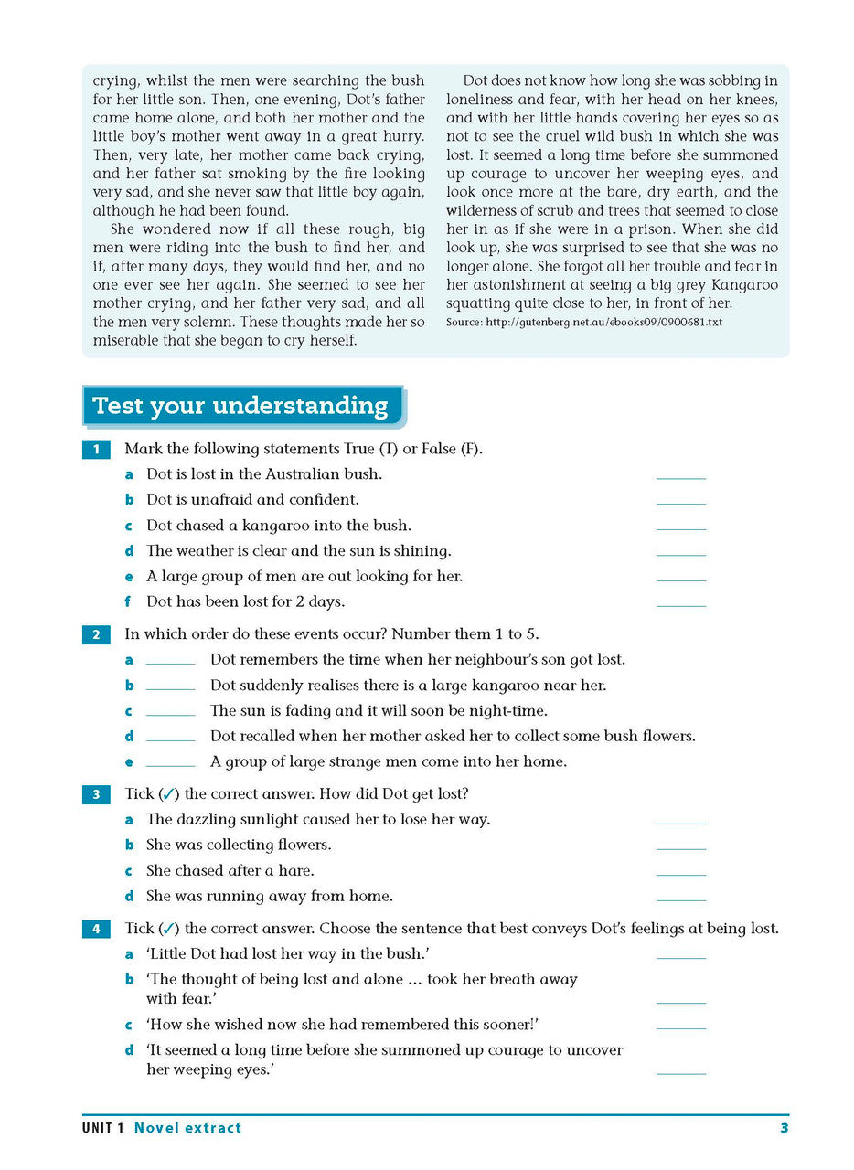 Sample interior page from the Excel Essential Skills Reading and Vocabulary Workbook Years 7-8 as shown in the publisher preview